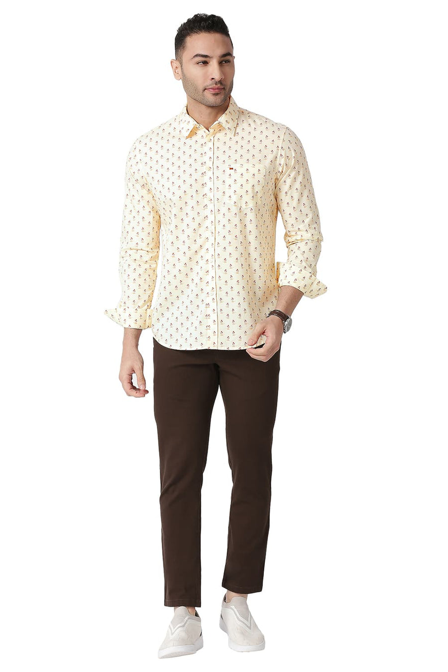 BASICS SLIM FIT DEW BEIGE COTTON POPLIN PRINTED SHIRT