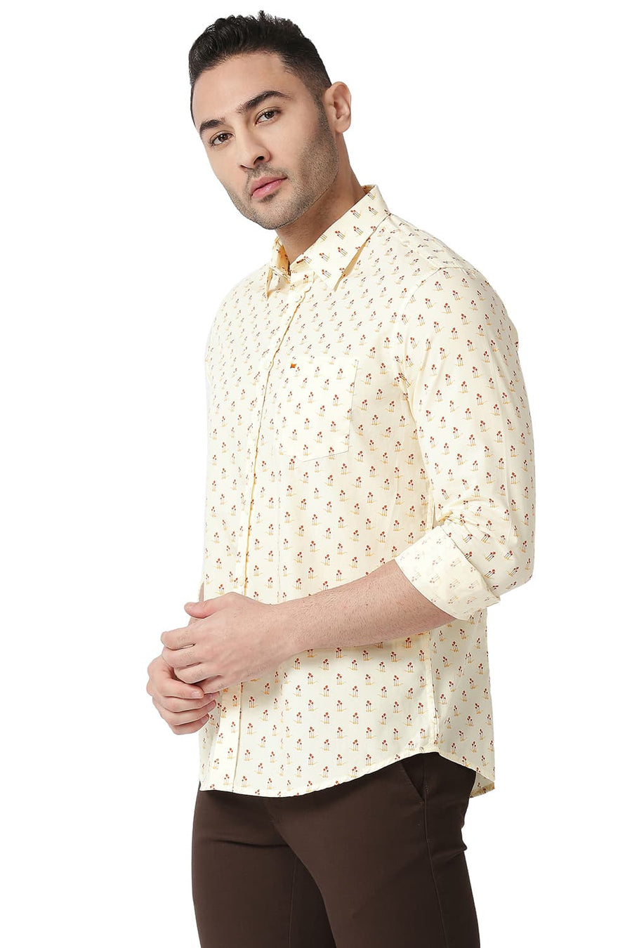 BASICS SLIM FIT DEW BEIGE COTTON POPLIN PRINTED SHIRT