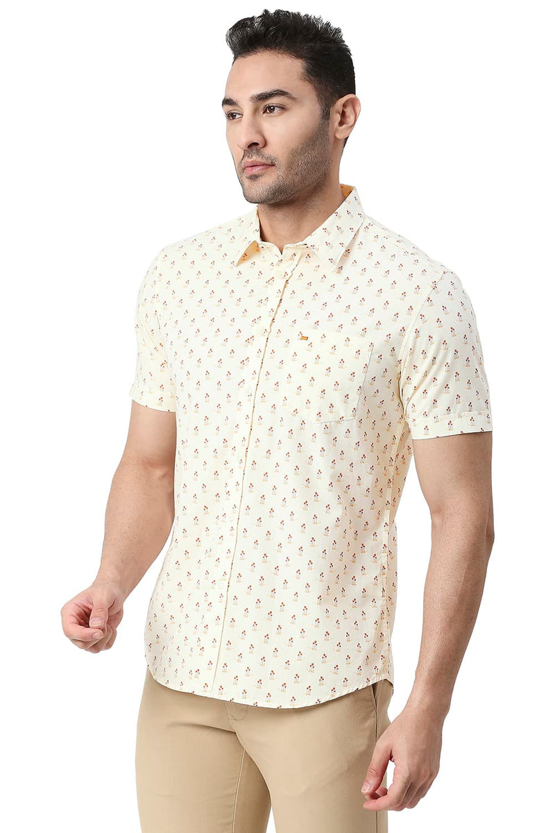 BASICS SLIM FIT COTTON POPLIN PRINTED HALFSLEEVES SHIRT