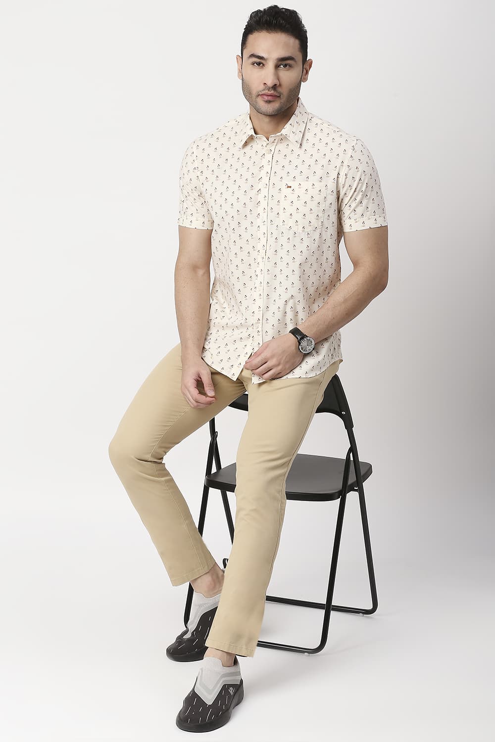 Slim Fit Cotton Poplin Printed Halfsleeves Shirt