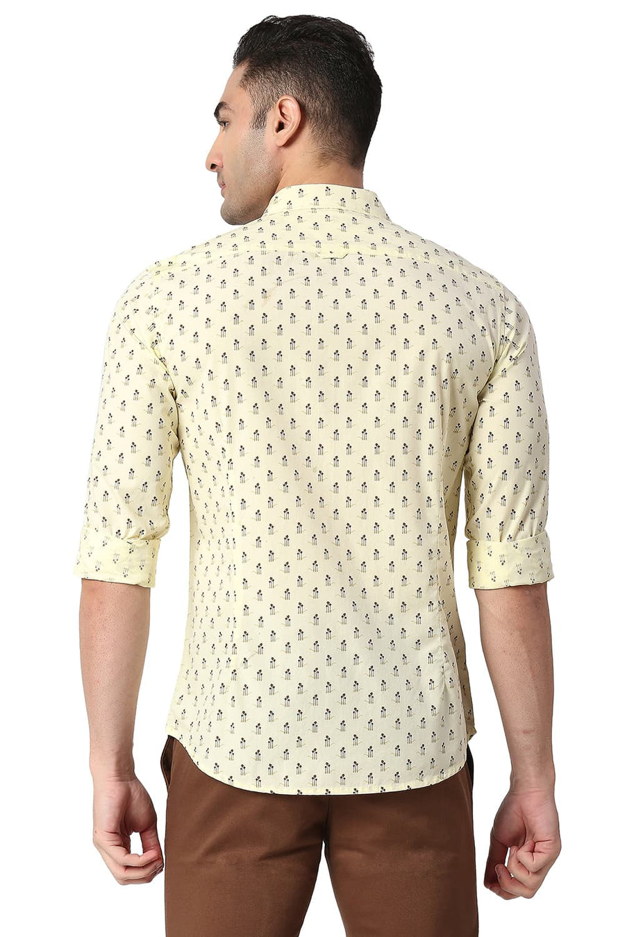 BASICS SLIM FIT DUSTY YELLOW COTTON POPLIN PRINTED SHIRT