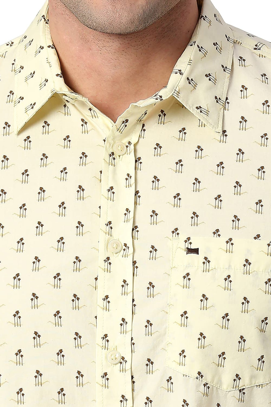 BASICS SLIM FIT DUSTY YELLOW COTTON POPLIN PRINTED SHIRT