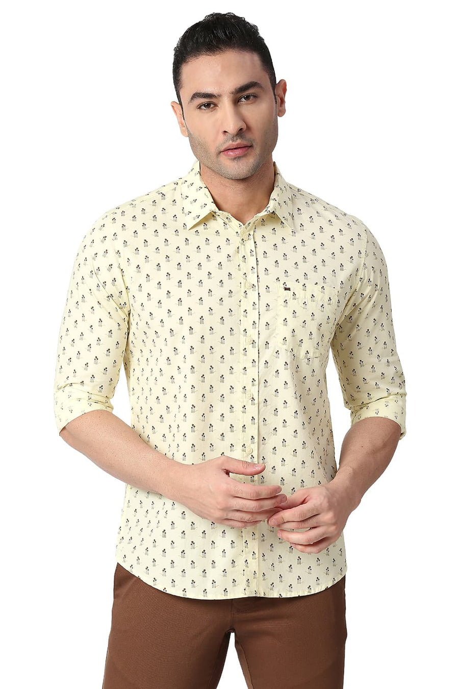 BASICS SLIM FIT DUSTY YELLOW COTTON POPLIN PRINTED SHIRT
