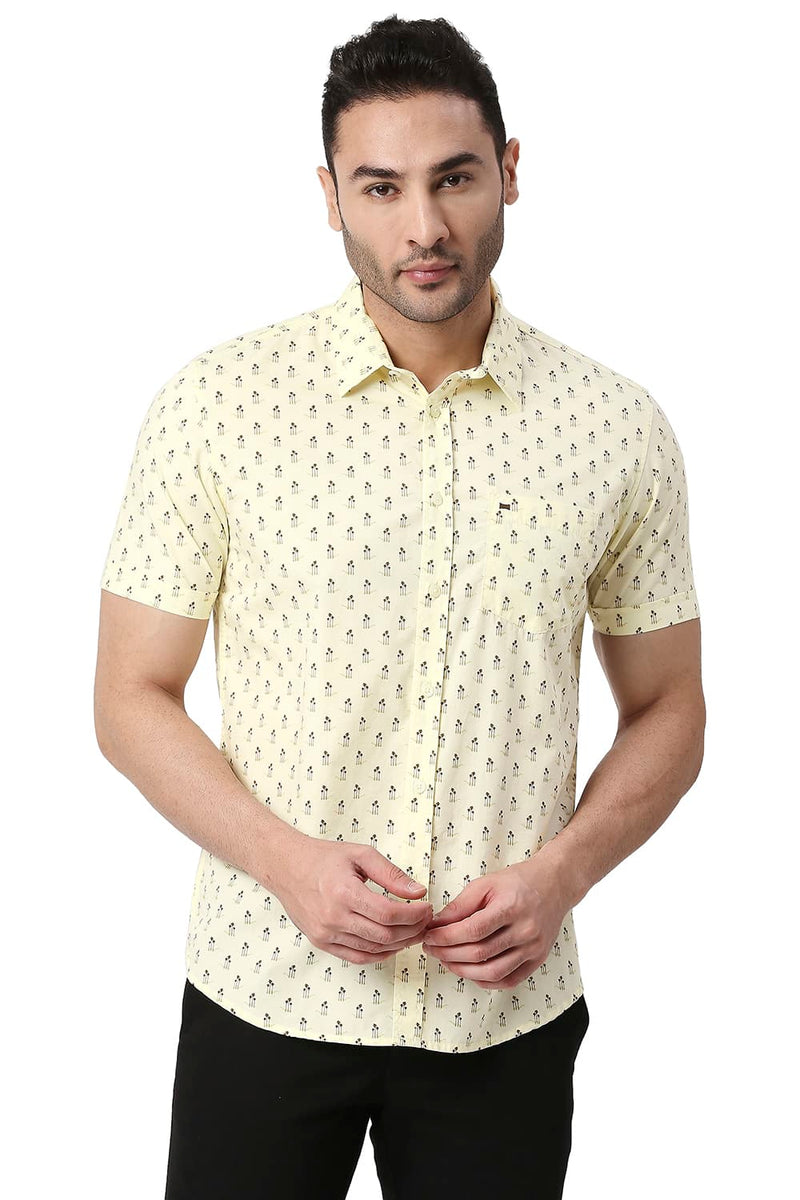 BASICS SLIM FIT COTTON POPLIN PRINTED HALFSLEEVES SHIRT