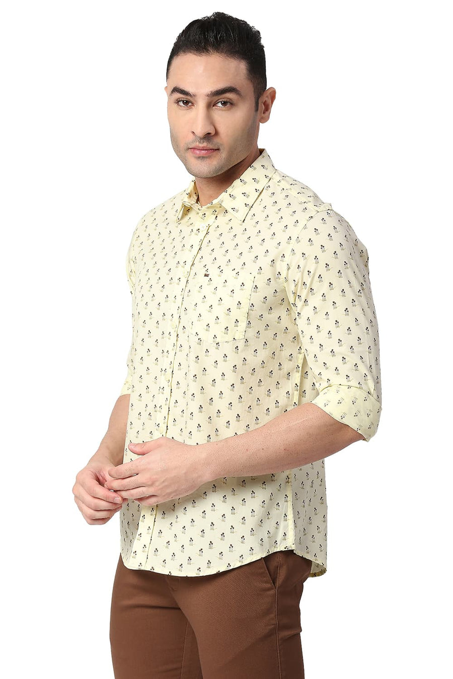 BASICS SLIM FIT DUSTY YELLOW COTTON POPLIN PRINTED SHIRT