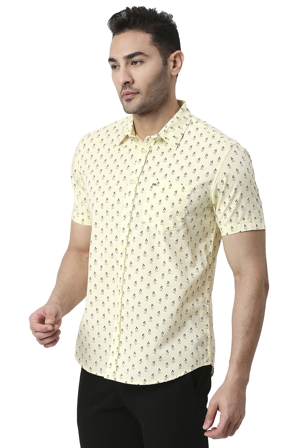 BASICS SLIM FIT COTTON POPLIN PRINTED HALFSLEEVES SHIRT