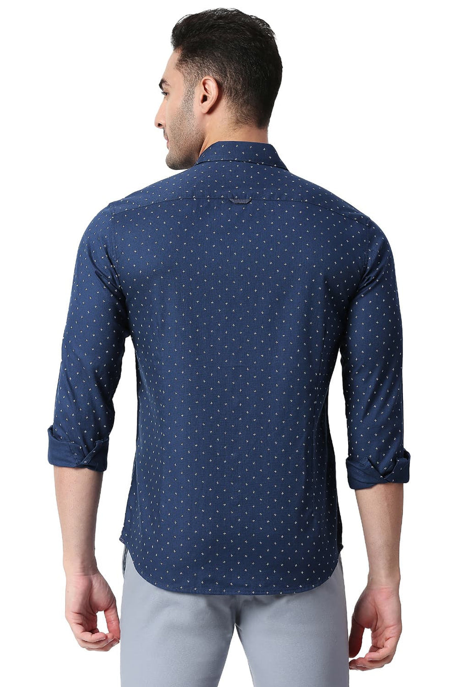 BASICS SLIM FIT NAVY BLUE COTTON DOBBY PRINTED SHIRT
