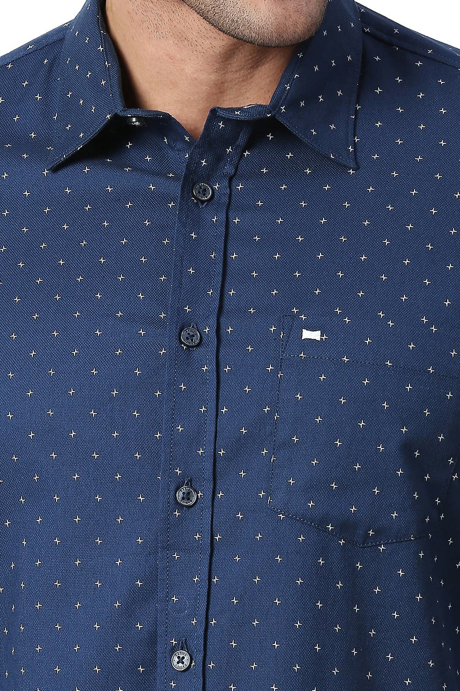BASICS SLIM FIT NAVY BLUE COTTON DOBBY PRINTED SHIRT