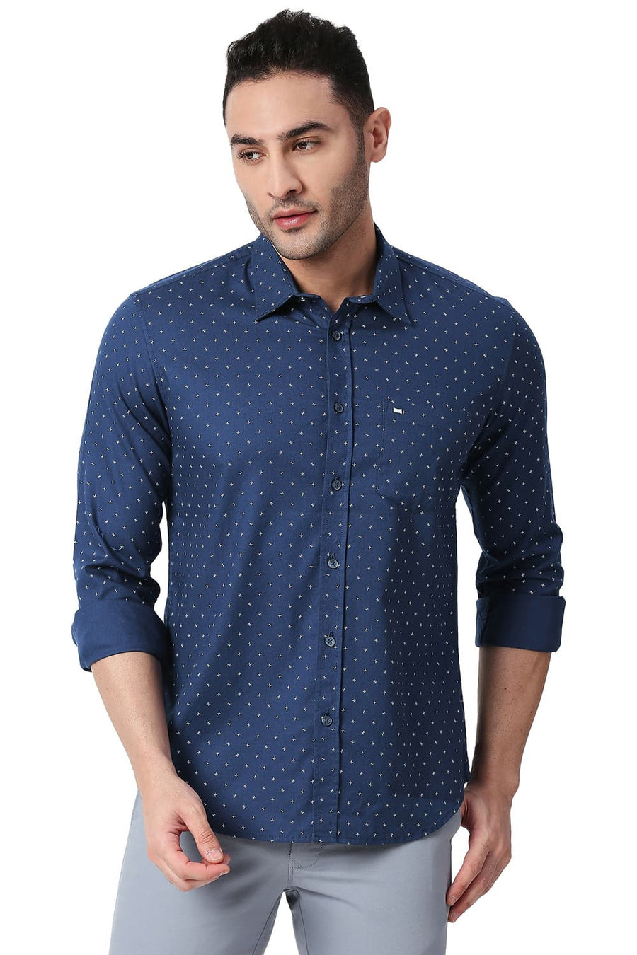 BASICS SLIM FIT NAVY BLUE COTTON DOBBY PRINTED SHIRT