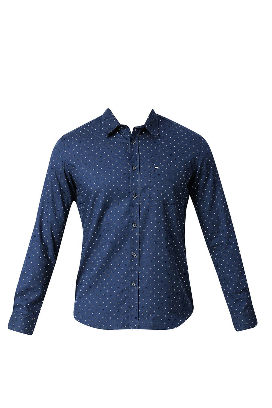 BASICS SLIM FIT NAVY BLUE COTTON DOBBY PRINTED SHIRT
