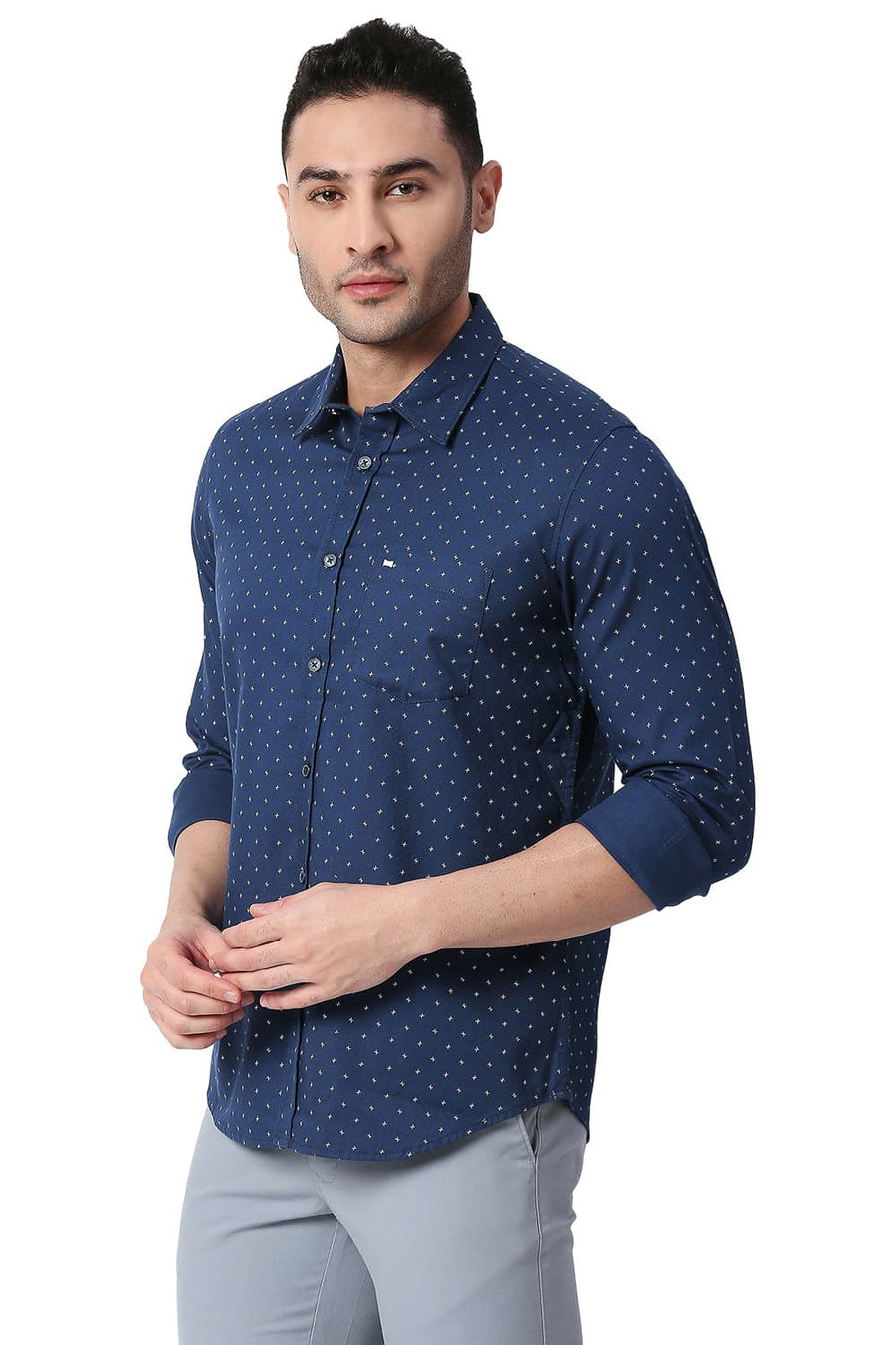 BASICS SLIM FIT NAVY BLUE COTTON DOBBY PRINTED SHIRT