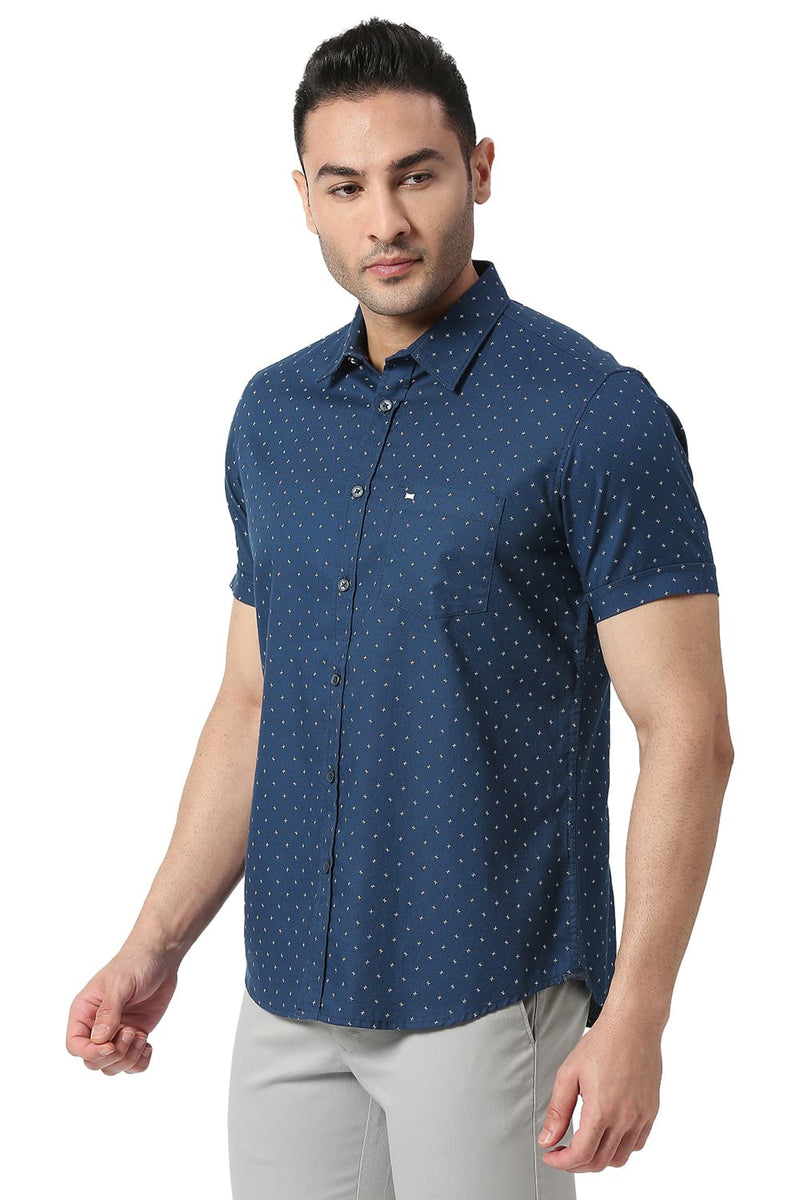 BASICS SLIM FIT COTTON DOBBY PRINTED HALFSLEEVES SHIRT