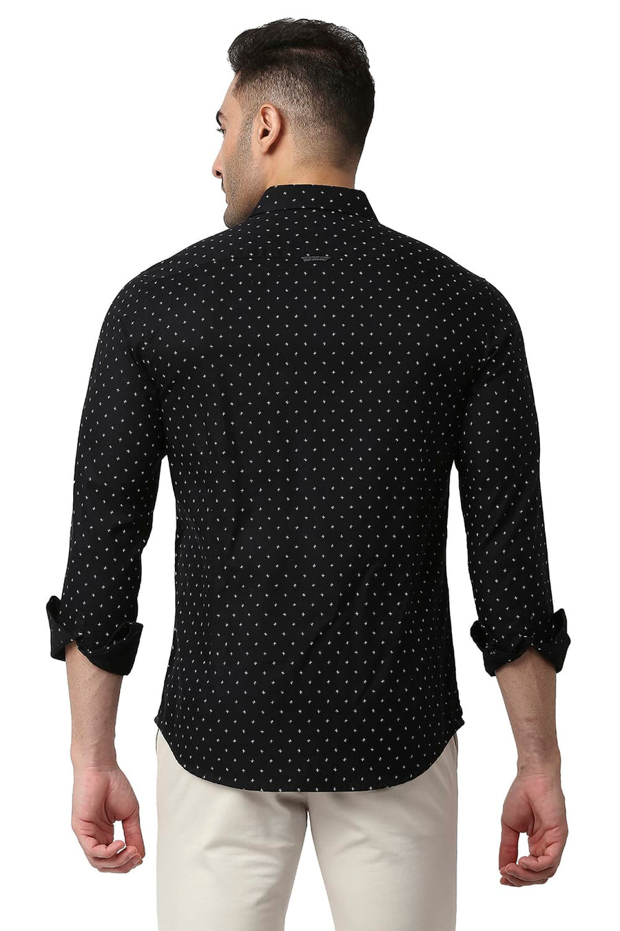 BASICS SLIM FIT JET BLACK COTTON DOBBY PRINTED SHIRT