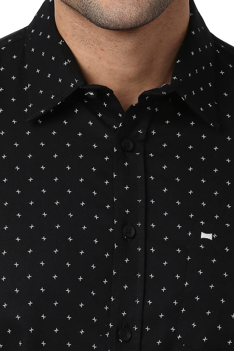 BASICS SLIM FIT JET BLACK COTTON DOBBY PRINTED SHIRT
