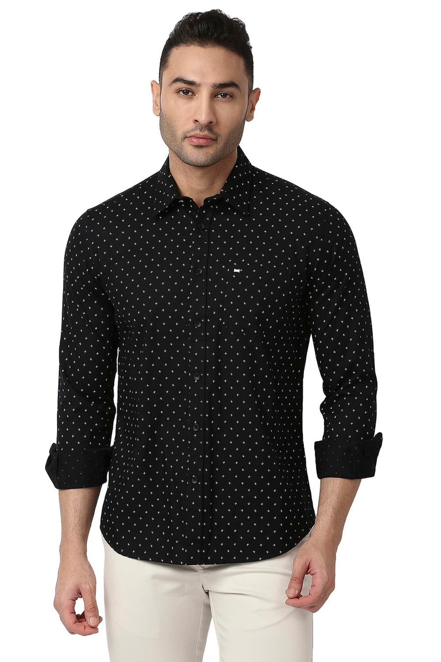 BASICS SLIM FIT JET BLACK COTTON DOBBY PRINTED SHIRT