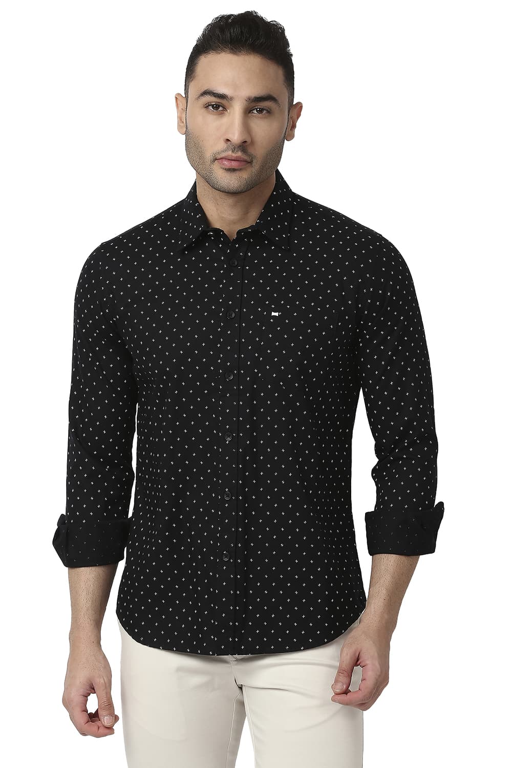 BASICS SLIM FIT COTTON DOBBY PRINTED SHIRT