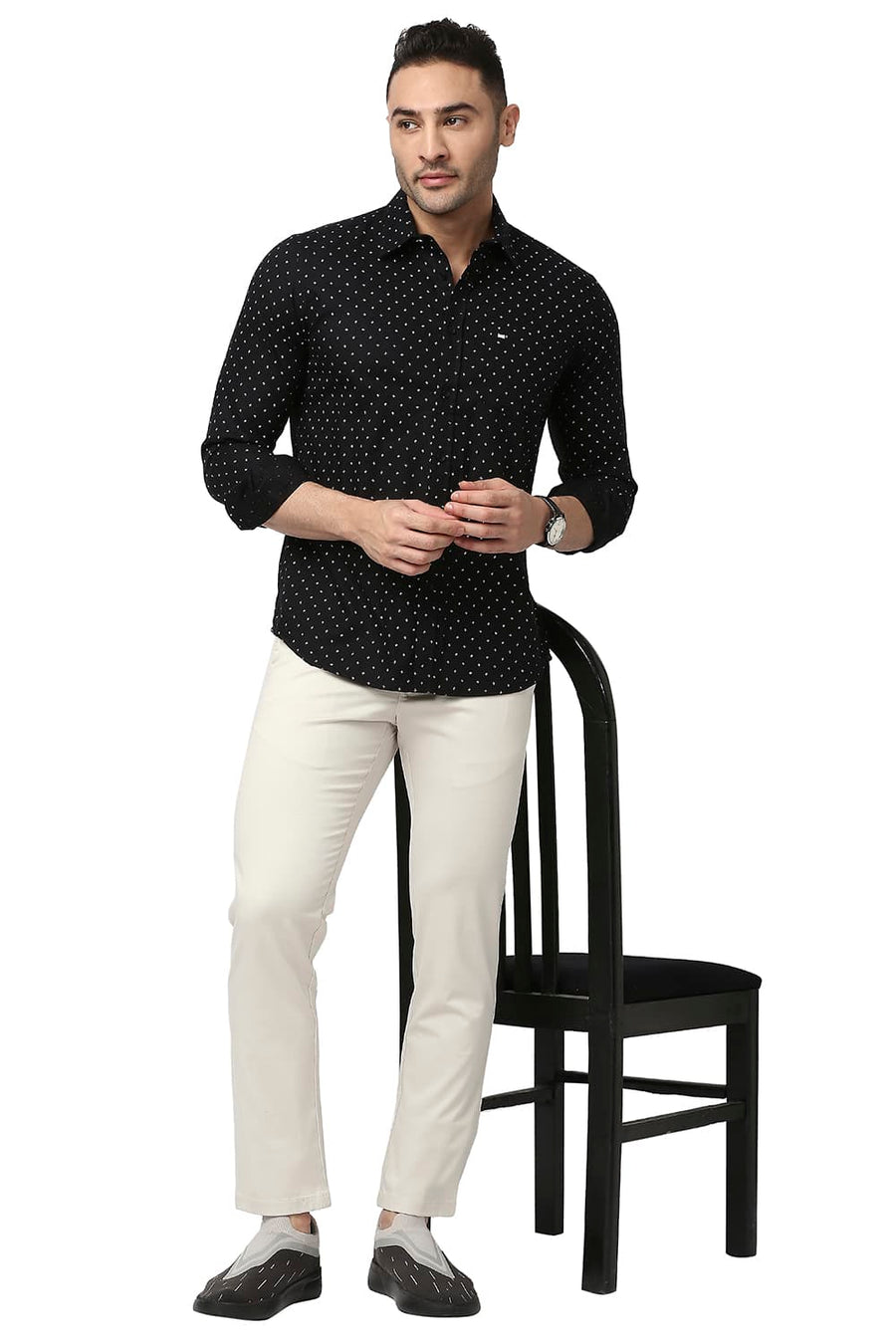 BASICS SLIM FIT JET BLACK COTTON DOBBY PRINTED SHIRT