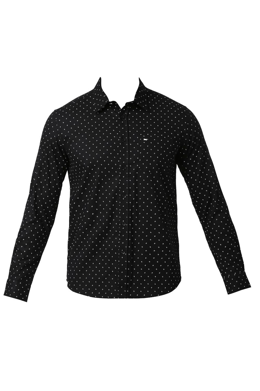 BASICS SLIM FIT JET BLACK COTTON DOBBY PRINTED SHIRT