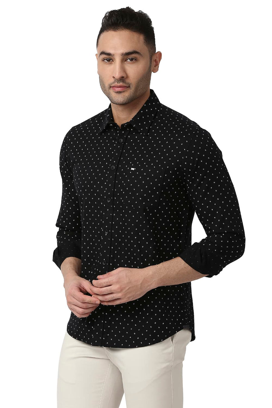 BASICS SLIM FIT JET BLACK COTTON DOBBY PRINTED SHIRT