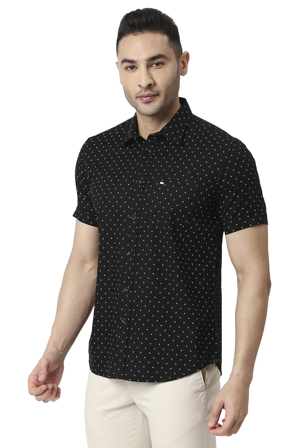 BASICS SLIM FIT COTTON DOBBY PRINTED HALFSLEEVES SHIRT