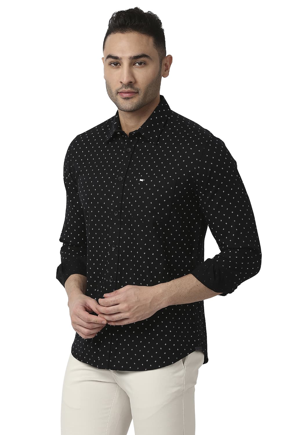 BASICS SLIM FIT COTTON DOBBY PRINTED SHIRT