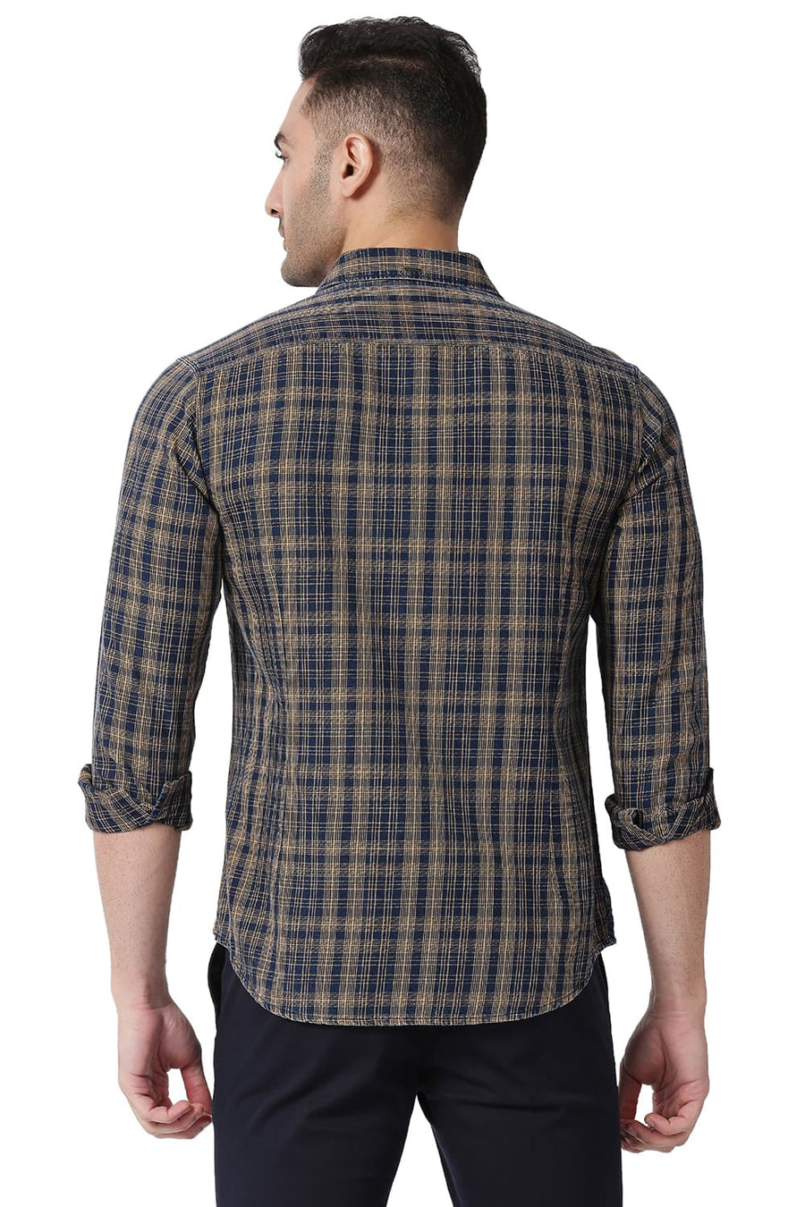 BASICS SLIM FIT GOLDEN ORANGE COTTON INDIGO CHECKS SHIRT