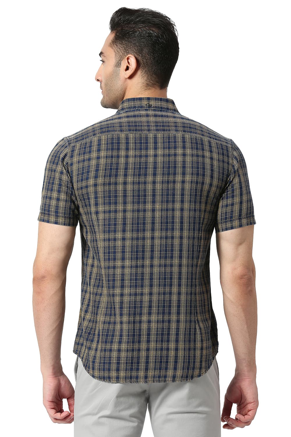 BASICS SLIM FIT COTTON INDIGO CHECKS HALFSLEEVES SHIRT