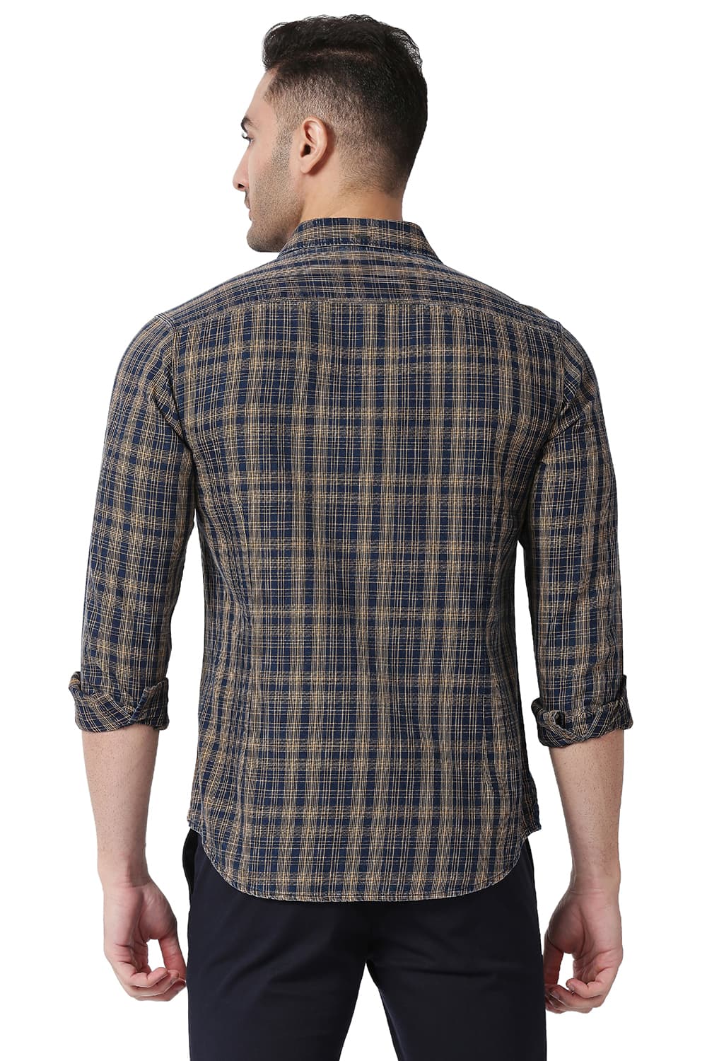 BASICS SLIM FIT COTTON INDIGO CHECKS SHIRT