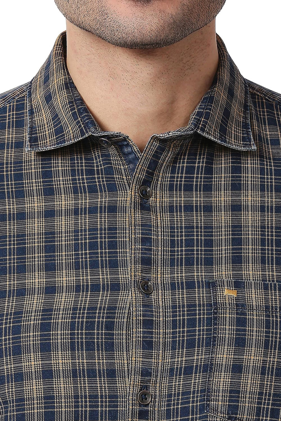 BASICS SLIM FIT GOLDEN ORANGE COTTON INDIGO CHECKS SHIRT
