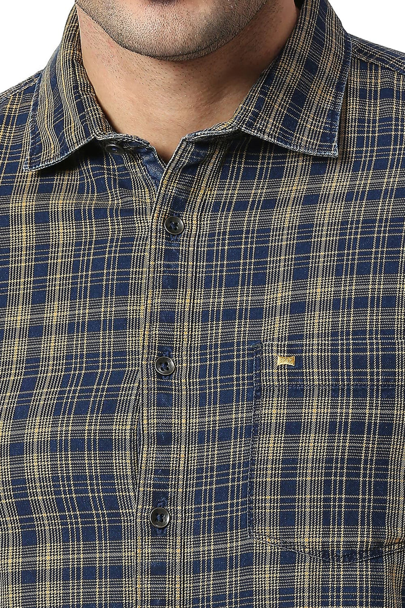 BASICS SLIM FIT COTTON INDIGO CHECKS HALFSLEEVES SHIRT