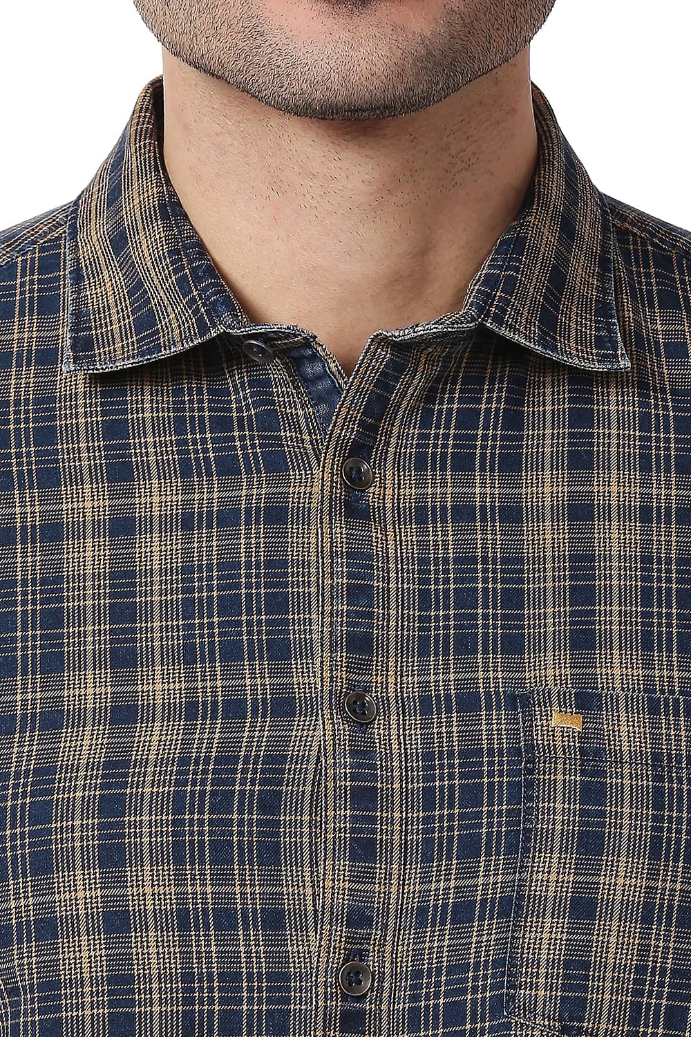 BASICS SLIM FIT COTTON INDIGO CHECKS SHIRT