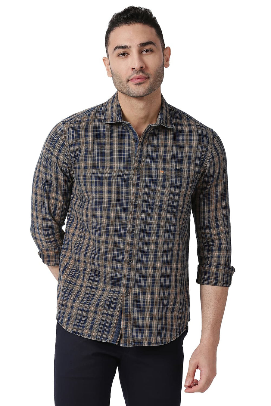 BASICS SLIM FIT GOLDEN ORANGE COTTON INDIGO CHECKS SHIRT