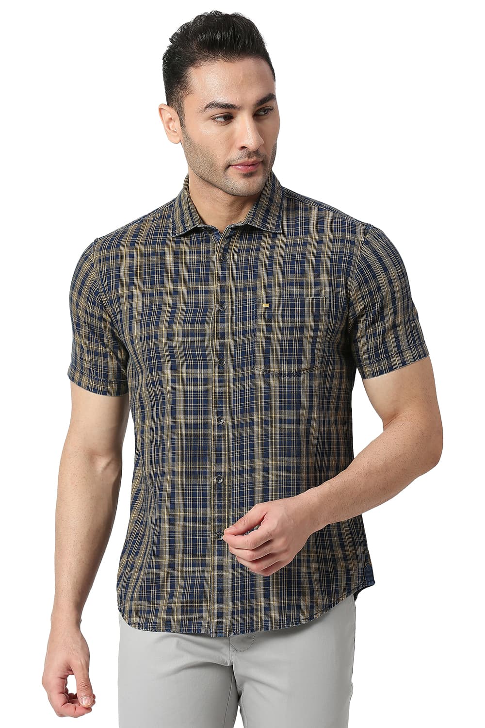 BASICS SLIM FIT COTTON INDIGO CHECKS SHIRT