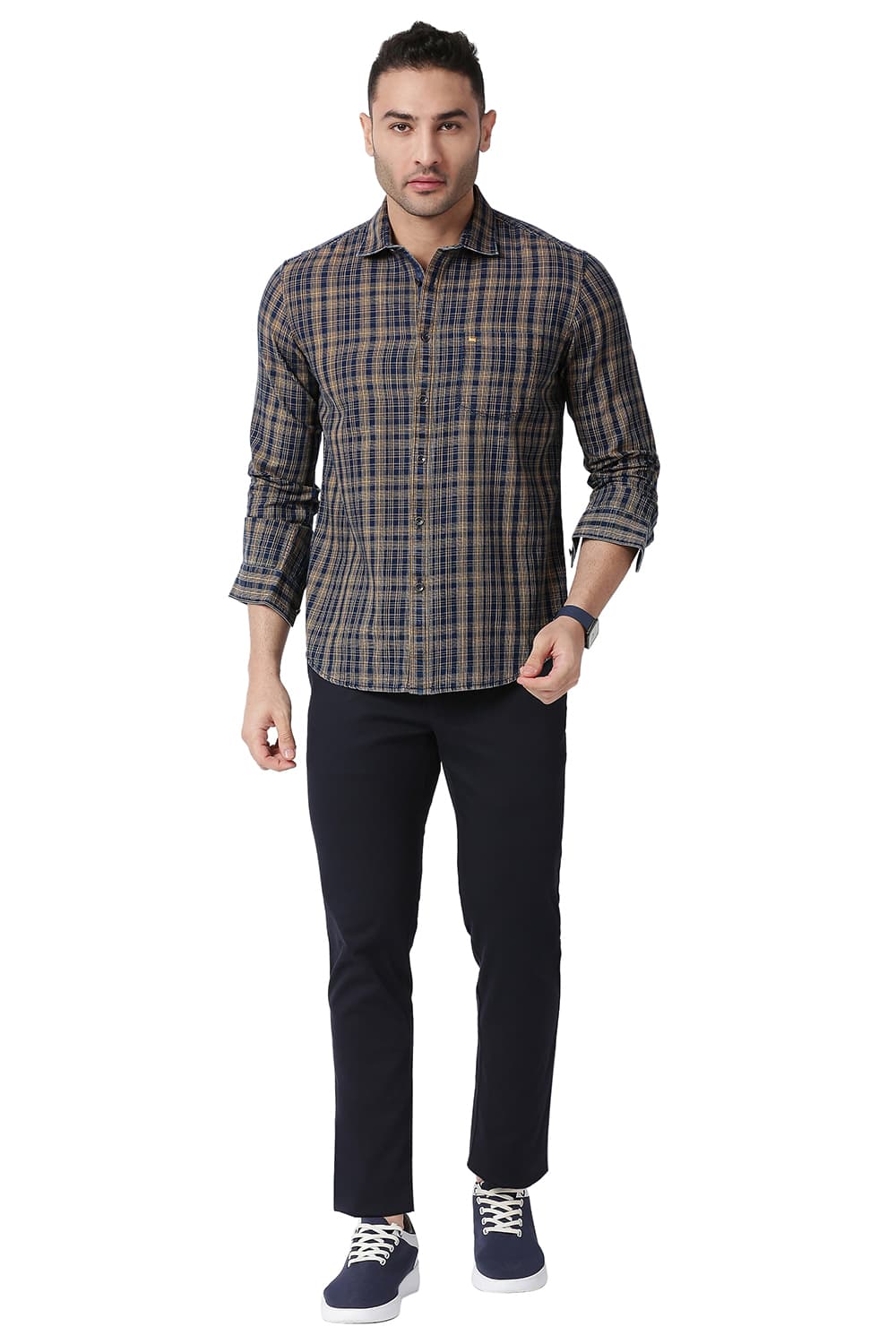 BASICS SLIM FIT COTTON INDIGO CHECKS SHIRT