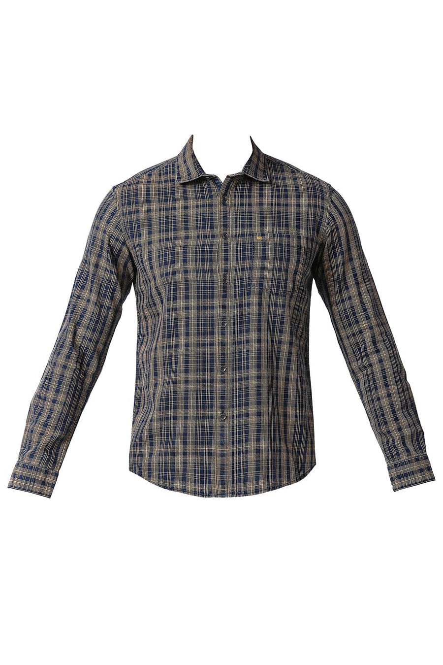 BASICS SLIM FIT GOLDEN ORANGE COTTON INDIGO CHECKS SHIRT