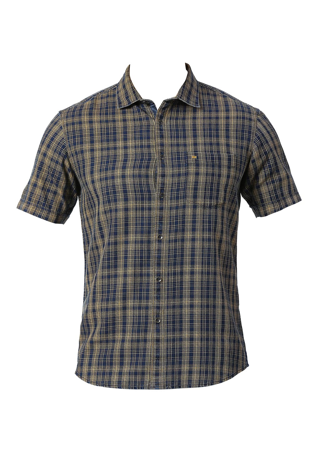 BASICS SLIM FIT COTTON INDIGO CHECKS HALFSLEEVES SHIRT