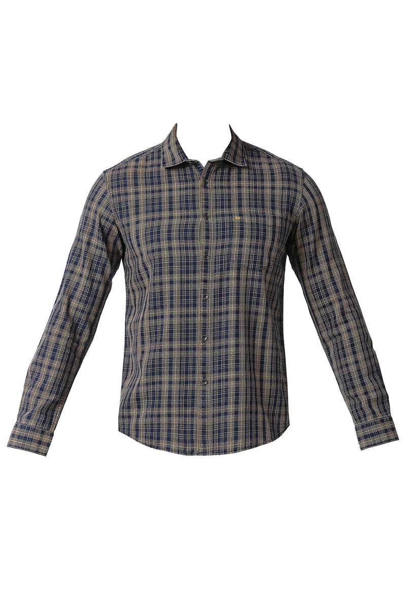 BASICS SLIM FIT COTTON INDIGO CHECKS SHIRT