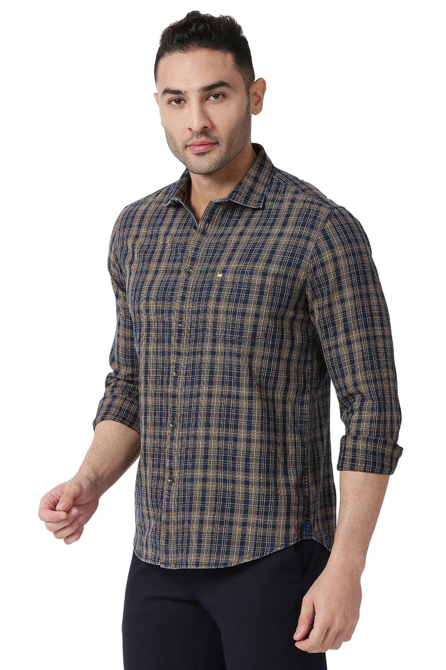 BASICS SLIM FIT GOLDEN ORANGE COTTON INDIGO CHECKS SHIRT