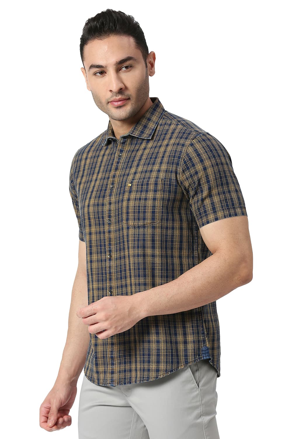 BASICS SLIM FIT COTTON INDIGO CHECKS HALFSLEEVES SHIRT