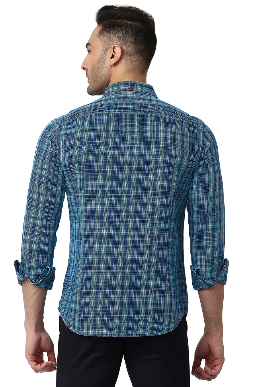 BASICS SLIM FIT CYAN BLUE COTTON INDIGO CHECKS SHIRT