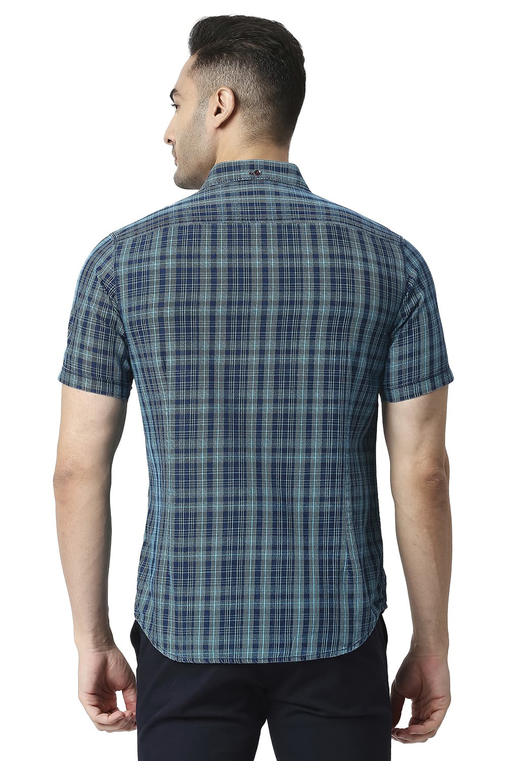 BASICS SLIM FIT COTTON INDIGO CHECKS HALFSLEEVES SHIRT