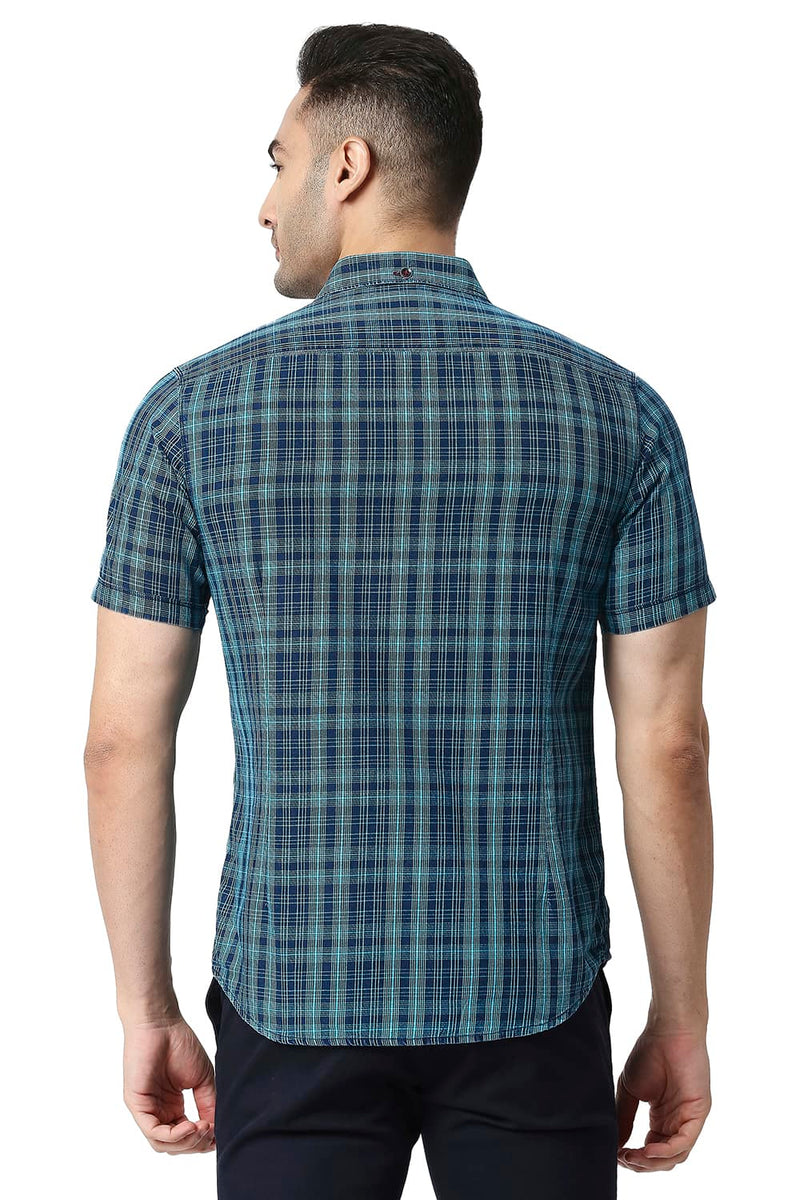 BASICS SLIM FIT COTTON INDIGO CHECKS HALFSLEEVES SHIRT