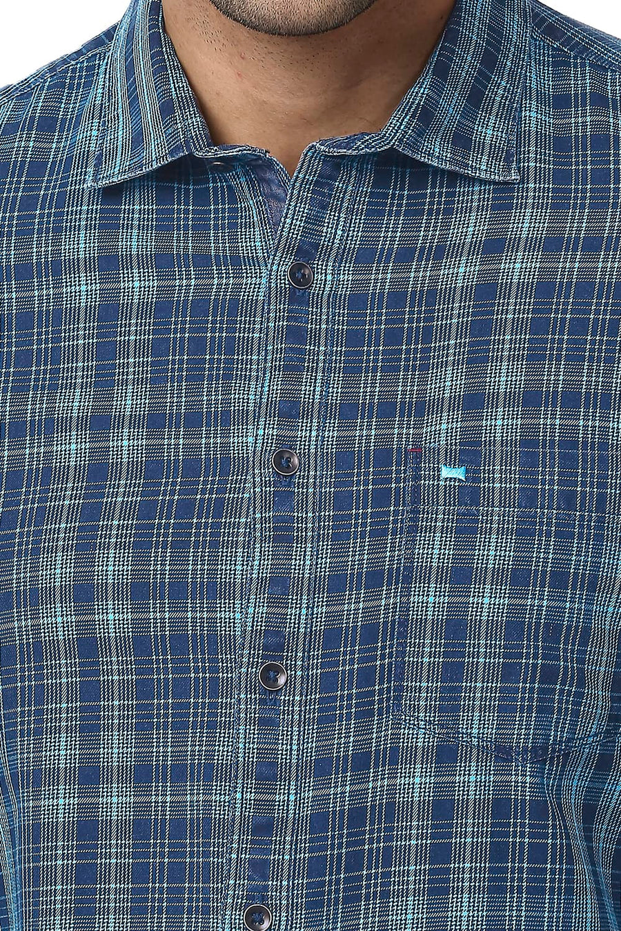 BASICS SLIM FIT CYAN BLUE COTTON INDIGO CHECKS SHIRT
