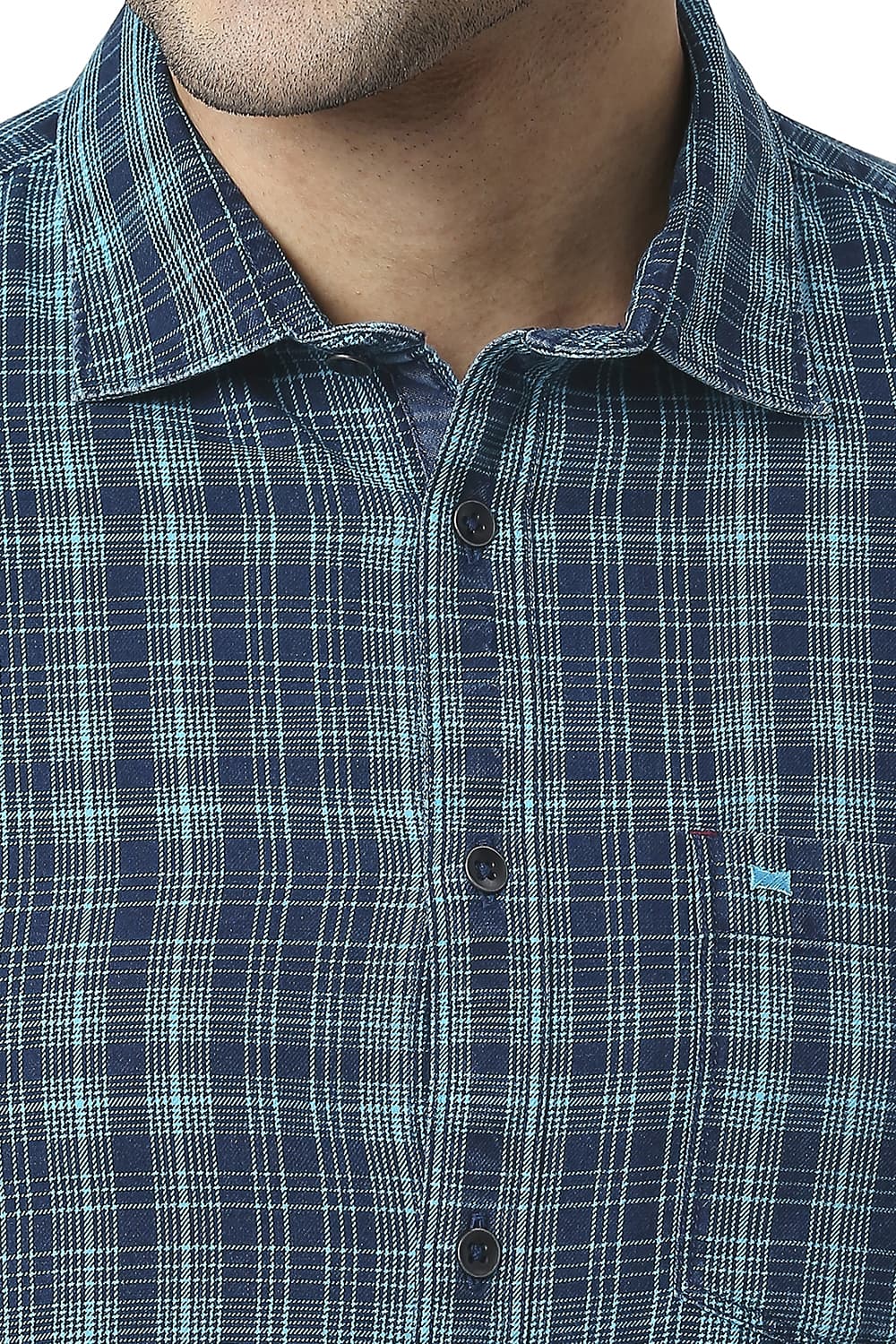 BASICS SLIM FIT COTTON INDIGO CHECKS HALFSLEEVES SHIRT