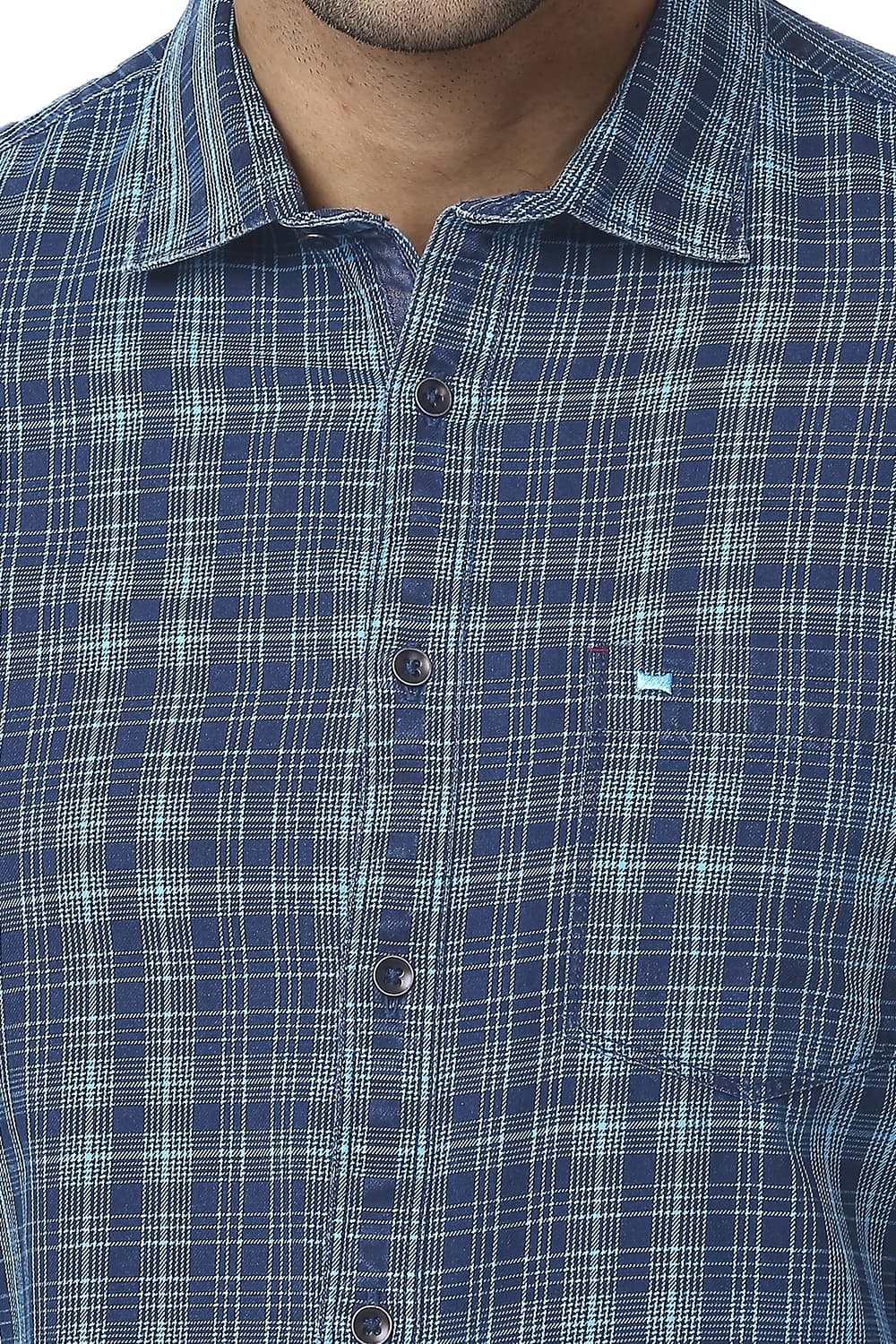 BASICS SLIM FIT COTTON INDIGO CHECKS SHIRT