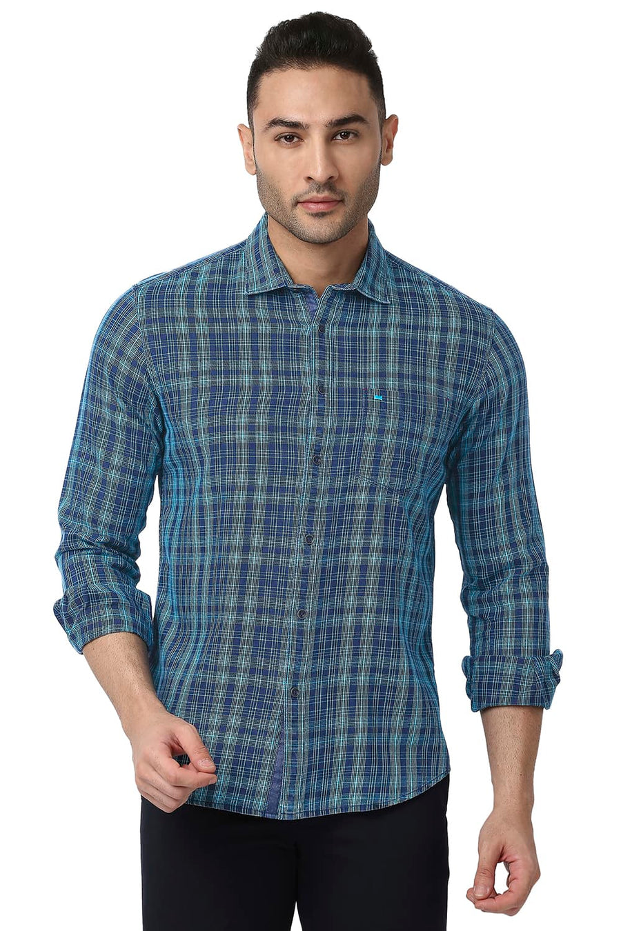 BASICS SLIM FIT CYAN BLUE COTTON INDIGO CHECKS SHIRT