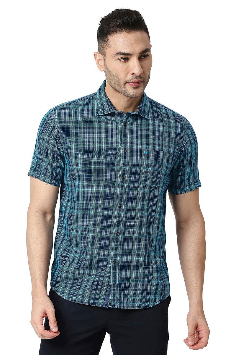 BASICS SLIM FIT COTTON INDIGO CHECKS HALFSLEEVES SHIRT