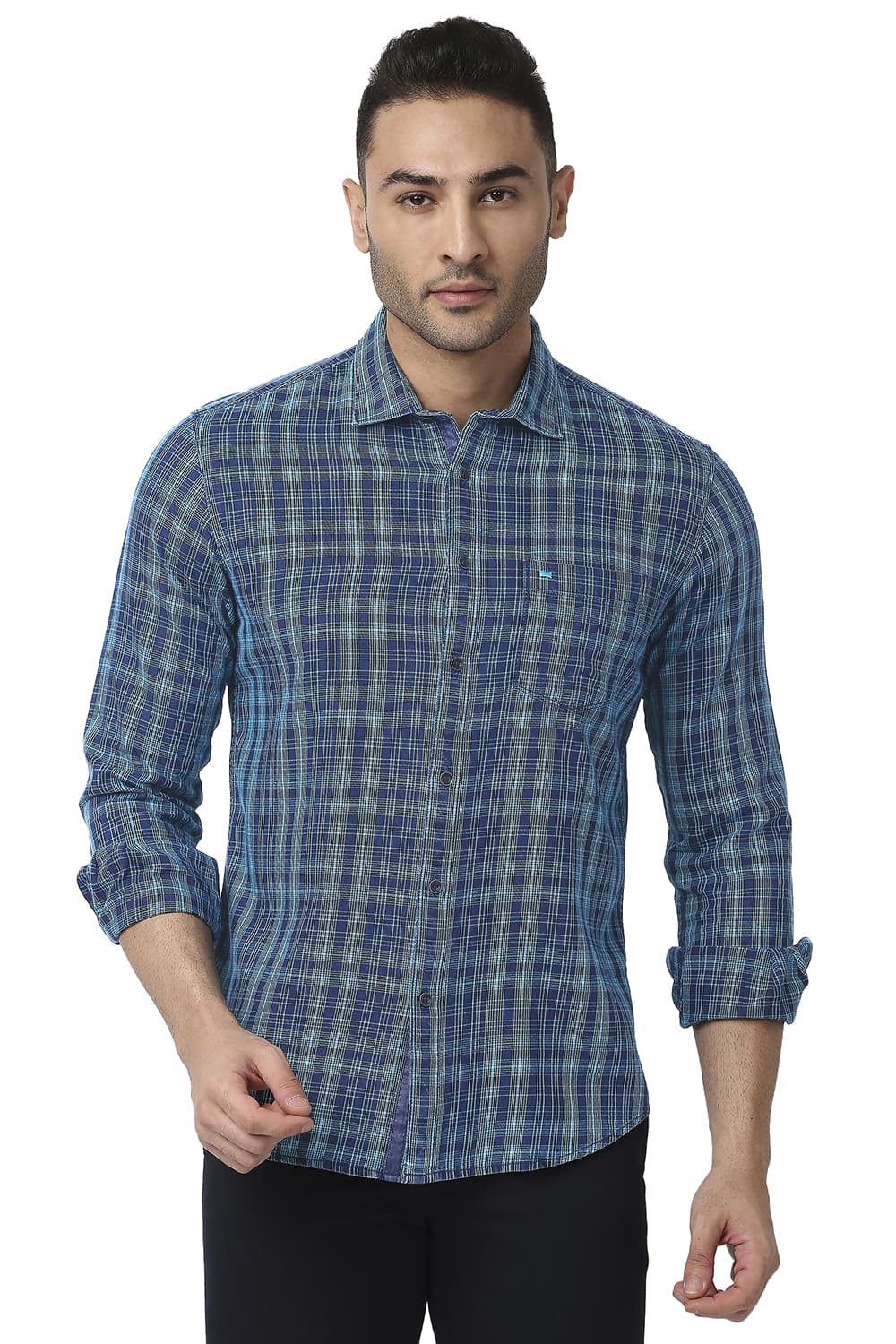 BASICS SLIM FIT COTTON INDIGO CHECKS SHIRT