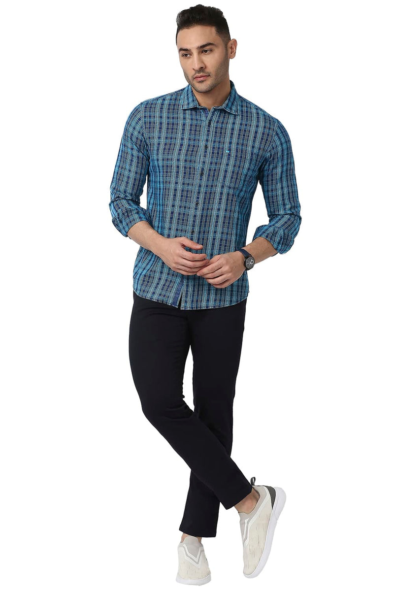 BASICS SLIM FIT COTTON INDIGO CHECKS SHIRT