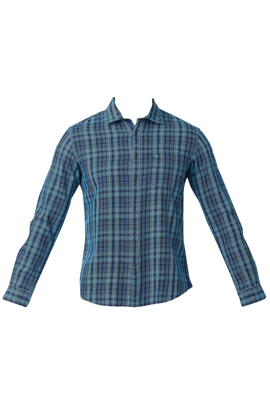 BASICS SLIM FIT CYAN BLUE COTTON INDIGO CHECKS SHIRT